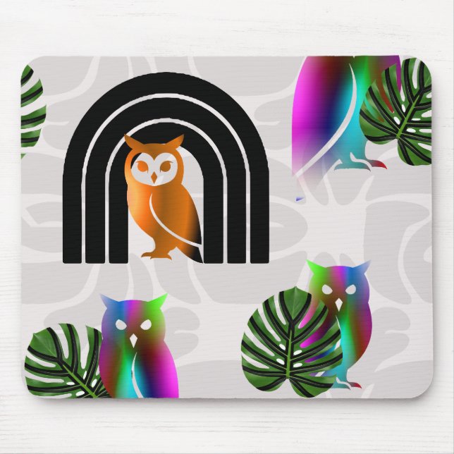 Whimsical Boho Owl & Tropical Monstera Leaf Mousepad (Vorne)