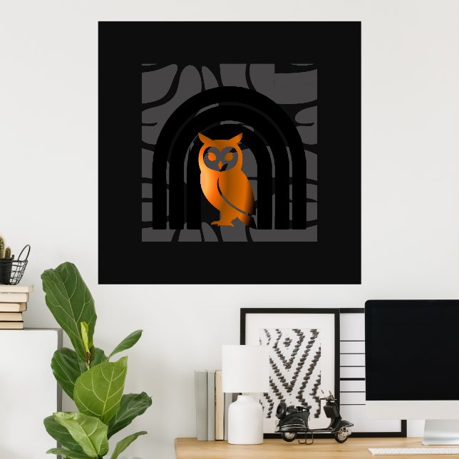 Whimsical Boho Owl & Tropical Monstera Leaf Poster (Heimbüro)