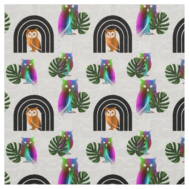 Whimsical Boho Owl & Tropical Monstera Leaf Stoff (Muster)