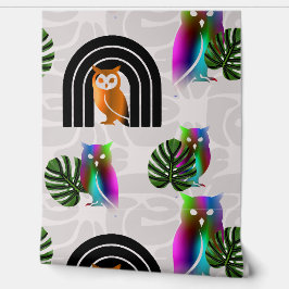 Whimsical Boho Owl & Tropical Monstera Leaf Tapete