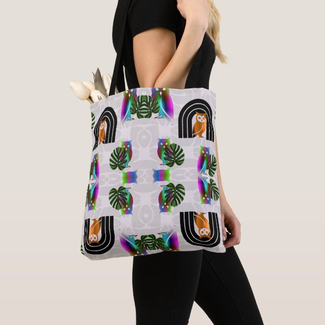 Whimsical Boho Owl & Tropical Monstera Leaf Tasche (Von Nahem)