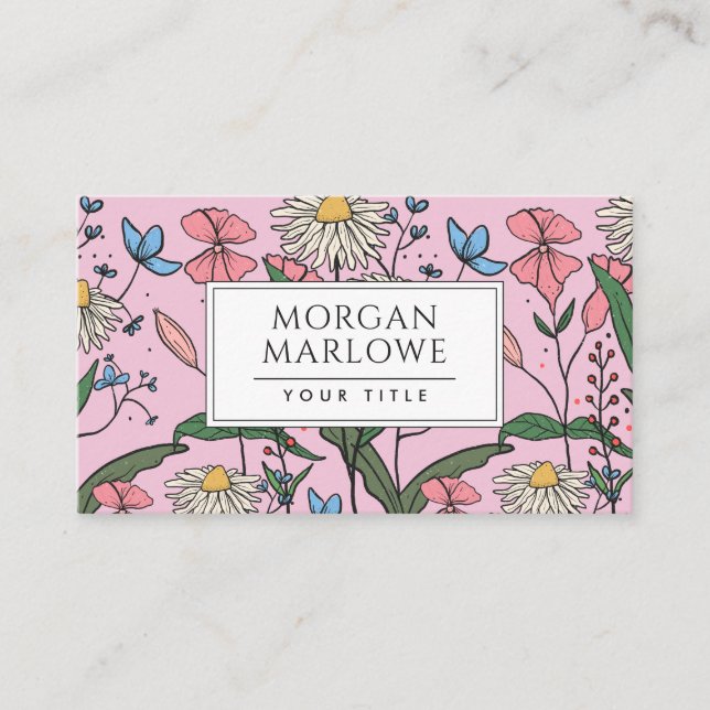 Whimsical Boho Painted Wildblumen Floral Pink Visitenkarte (Vorderseite)