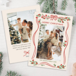 Whimsical Boho Red Christmas Bow Ribbon 2 Foto Feiertagskarte