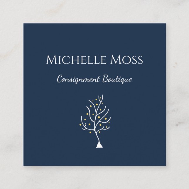 Whimsical Boho Tree Zeichnend Navy Blue Quadratische Visitenkarte (Vorderseite)