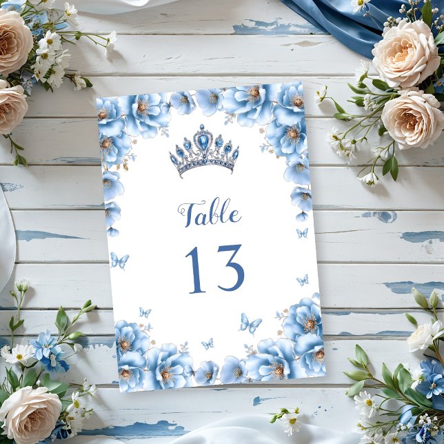 Whimsical Bold Floral Dusty Blue Quinceañera Tischnummer (Von Creator hochgeladen)