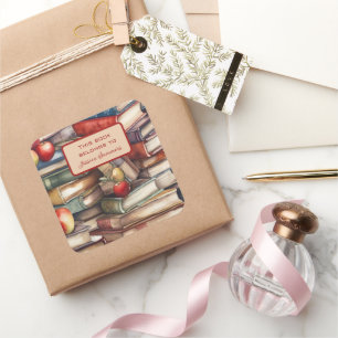 Whimsical Book and Apple Lovers Book Name Plate Quadratischer Aufkleber