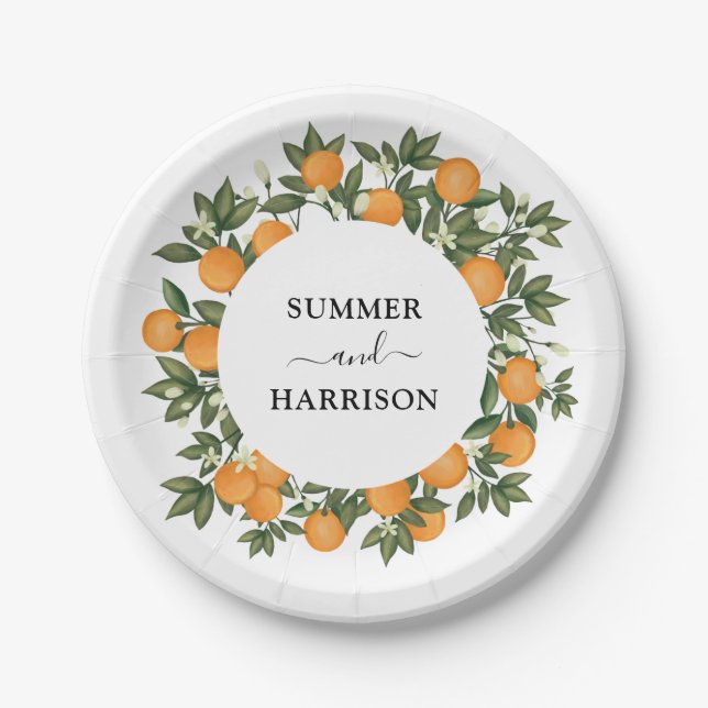 Whimsical Botanical Citrus Orange Garden Wedding Pappteller (Vorderseite)