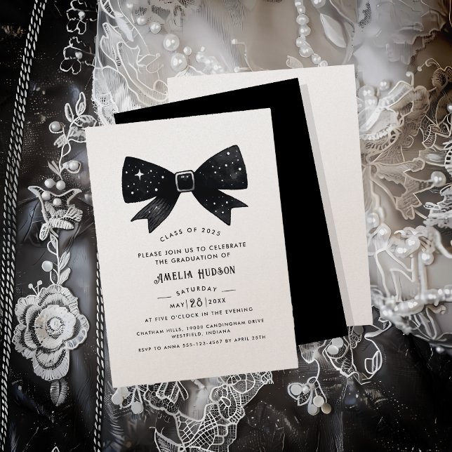 Whimsical Bow Champagne Shimmer Graduation Party Einladung (Von Creator hochgeladen)