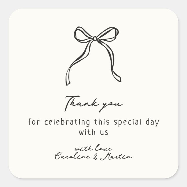 Whimsical bow, handgezeichnete Hochzeit danke Quadratischer Aufkleber (Vorderseite)