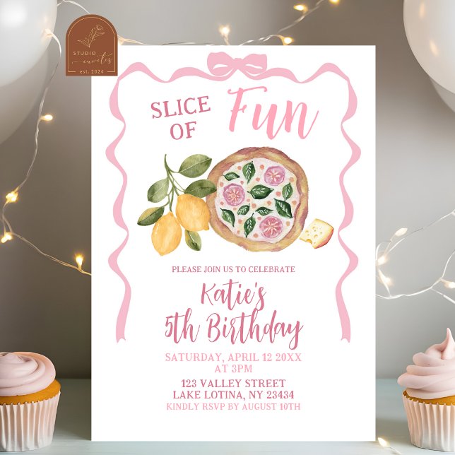 Whimsical Bow Pizza Girl Birthday Party Invitation Einladung (Von Creator hochgeladen)