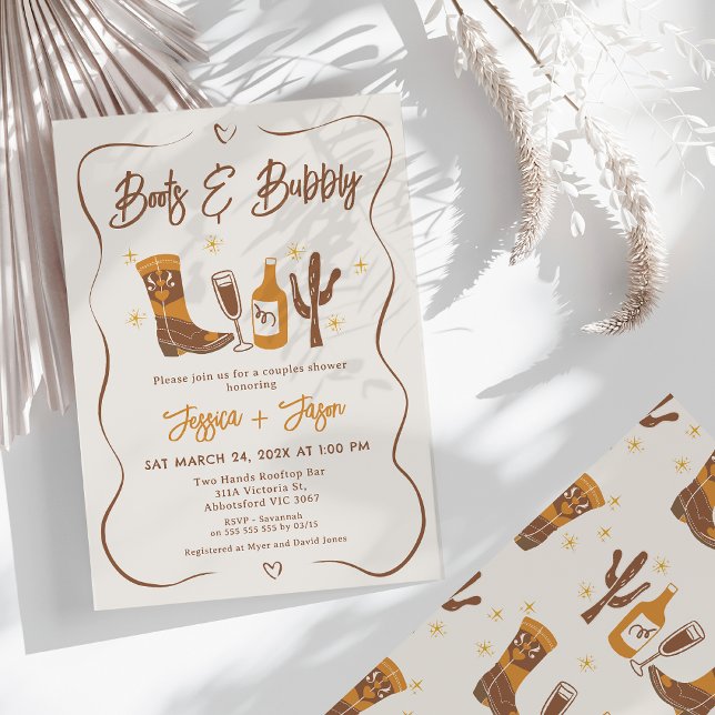 Whimsical Bridal Stiefel und Bubbly Couples Dusche Einladung (Boots and Bubbly Couples Shower Invitation Whimsical Couples Shower Invitation Hearts Champagne)