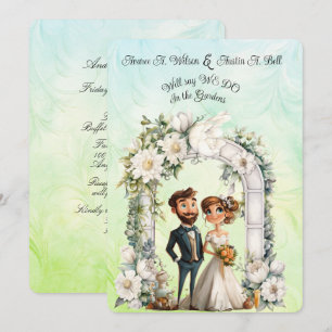Whimsical Bride Groom Wedding Arch Blue Green Einladung