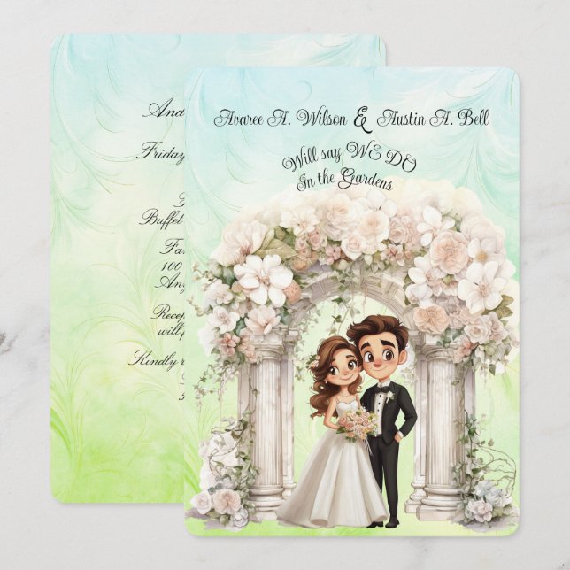 Whimsical Bride Groom Wedding Arch Blue Green Einladung (Vorne/Hinten)