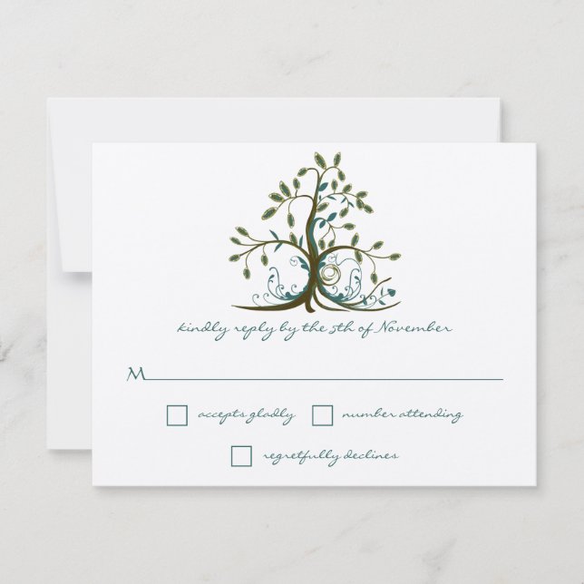 Whimsical Brown Aquamarin Green Tree Wedding RSVP (Vorderseite)
