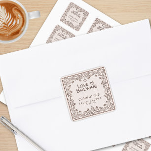 Whimsical Brown Love Is Brewing Brautparty Quadratischer Aufkleber
