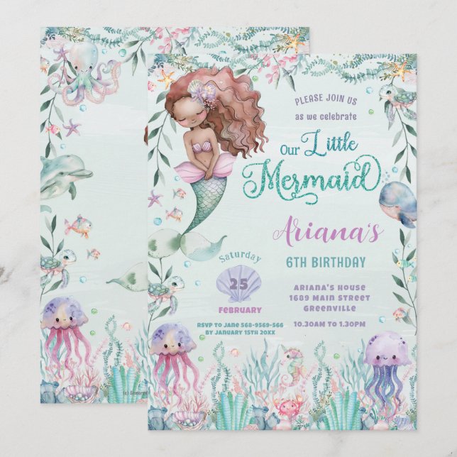 Whimsical Brown Mermaid Under Sea Birthday Einladung (Vorne/Hinten)