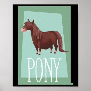 Whimsical Brown Shetland Pony auf grünem Retro-Rüc Poster