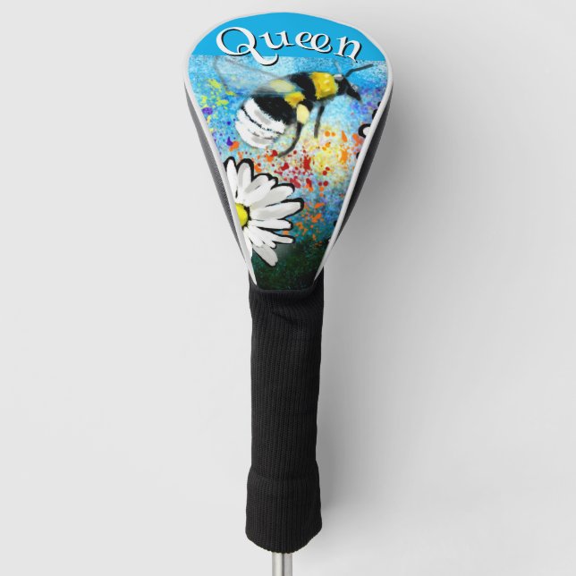 Whimsical Bumble Bee in Daisies Personalisiert Golf Headcover (Vorderseite)