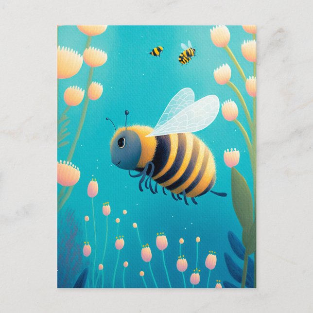 Whimsical Bumble Bees and Blume Postkarte (Vorderseite)