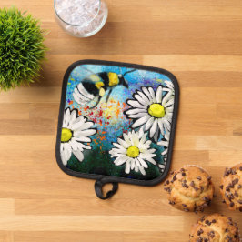 Whimsical Bumblebee in Daisies Blumengemälde Topflappen