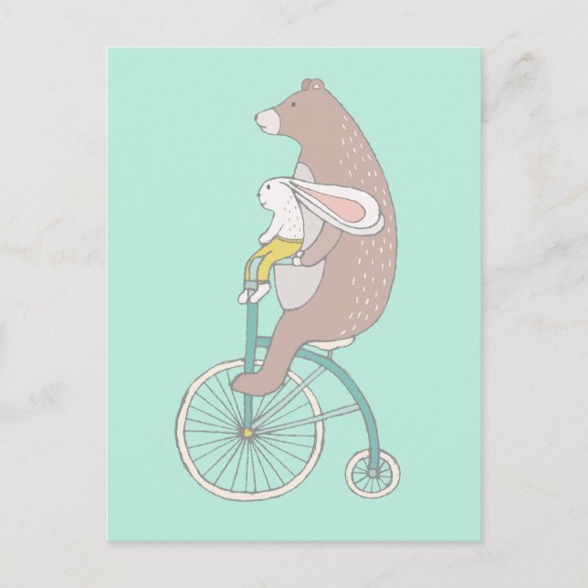 Whimsical Bunny and Bear Reiten Postkarte (Vorderseite)