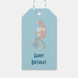 Whimsical Bunny and Bear Riding Together Geburtsta Geschenkanhänger