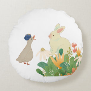 Whimsical Bunny & Bird in Bloom - Niedlicher Frühl Rundes Kissen