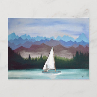Whimsical Bunny Boat Mountains Woodland Artwork Postkarte