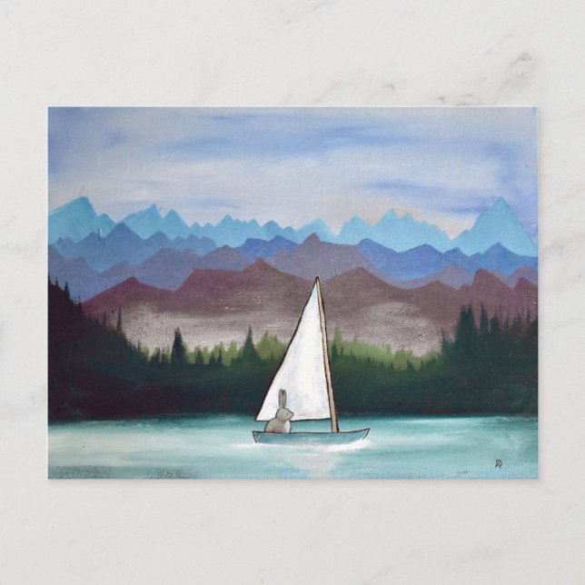 Whimsical Bunny Boat Mountains Woodland Artwork Postkarte (Vorderseite)