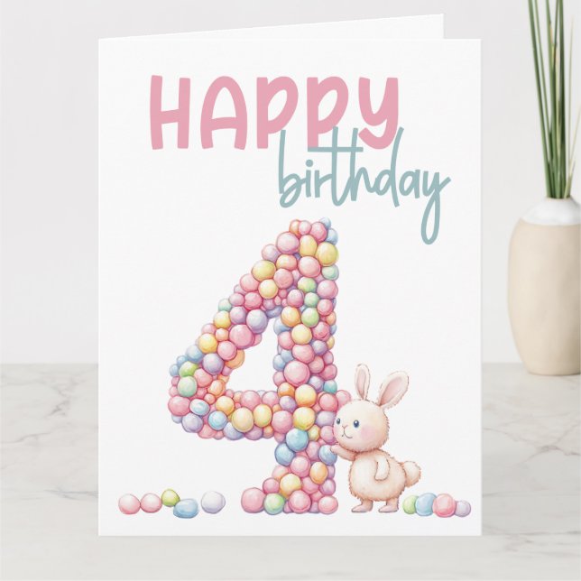 Whimsical Bunny & Candies Wasserfarbe 4. Geburtsta Karte (Vorderseite)