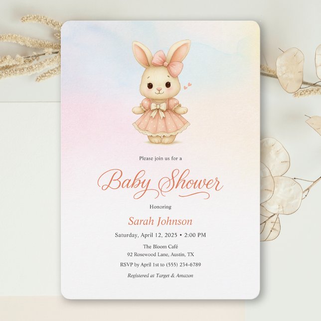 Whimsical Bunny Girl Pink Baby Shower Invitation (Whimsical Bunny Girl Pink Baby Shower Invitation)