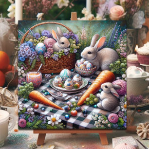 Whimsical Bunny Oaster Picnic Pink Purple Blumen Feiertagskarte