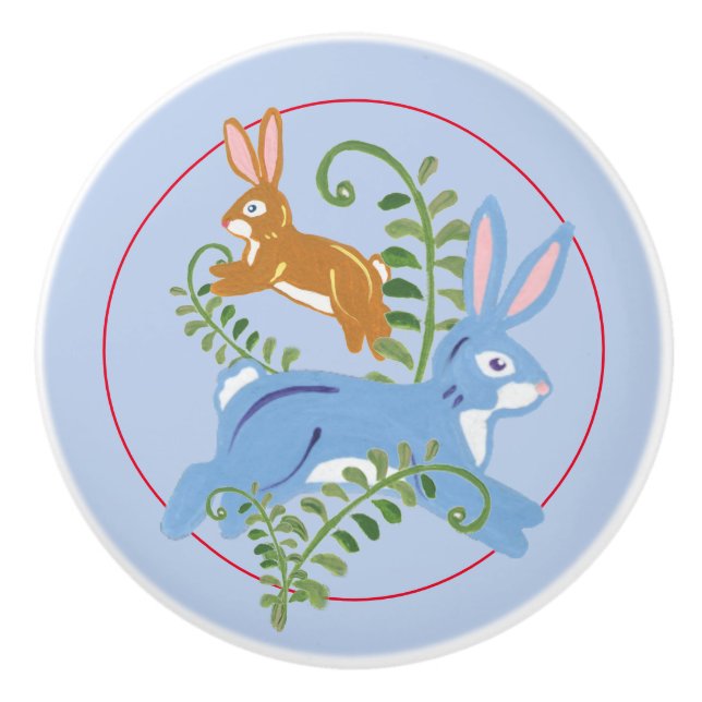 Whimsical Bunny Rabbit Folk Rustikales Kinderzimme Keramikknauf (Vorderseite)