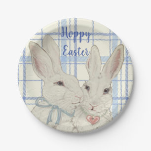 Whimsical Bunny Rabbits Blaues Kariertes Ostern Pappteller