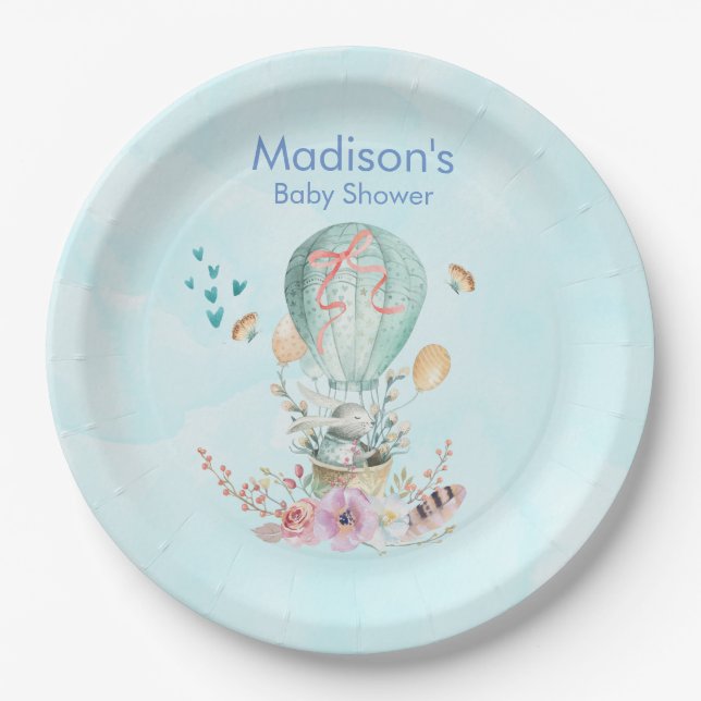Whimsical Bunny Riding in einem Balloon Baby Dusch Pappteller (Vorderseite)