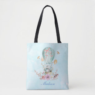 Whimsical Bunny Riding in einem Heißluftballon Cus Tasche