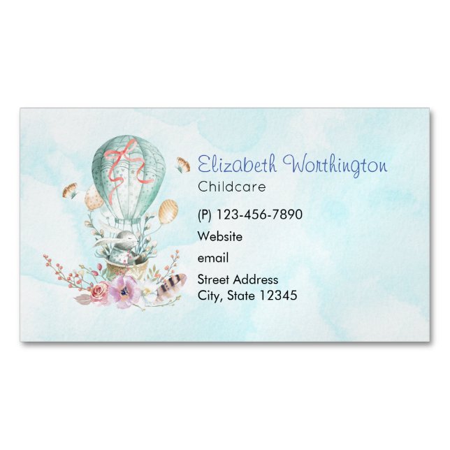 Whimsical Bunny Riding in einem Heißluftballon Magnetische Visitenkarte (Vorderseite)