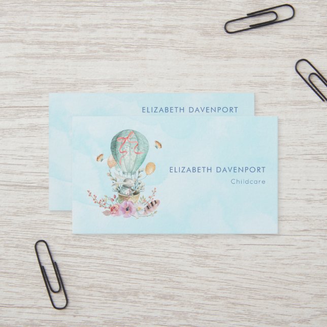 Whimsical Bunny Riding in einem Heißluftballon Visitenkarte (Vorderseite/Rückseite Beispiel)