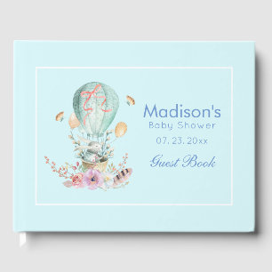 Whimsical Bunny Riding in einem Hot Air Balloon Ba Gästebuch