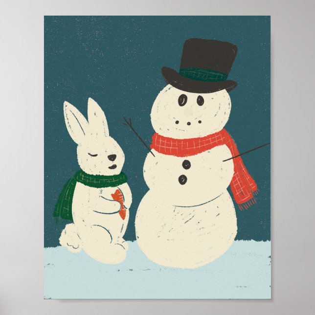 Whimsical Bunny & Snowman Art Print Poster (Vorne)