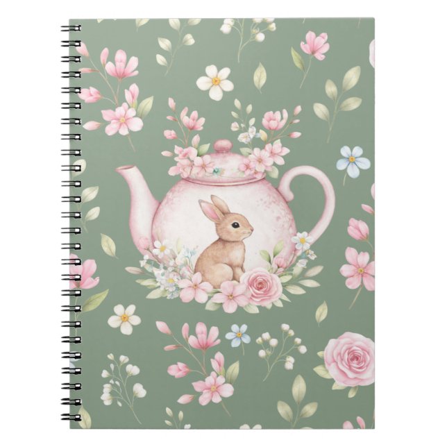Whimsical Bunny Teapot Floral Spring Notebook Notizblock (Vorderseite)