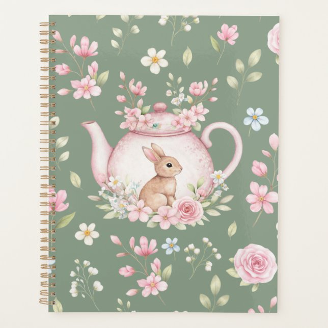 Whimsical Bunny Teapot Floral Spring Notebook Planer (Vorderseite)