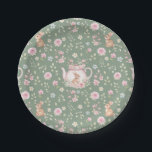 Whimsical Bunny Teapot Spring Floral Pattern Pappteller<br><div class="desc">Whimsical Bunny Teapot Spring Floral Pattern Paper Plates. Whimsical design featuring an adorable bunny nestled inside a delicate pink teapot,  surrounded by watercolor flowers and lush green leaves. The soft sage green background enhances the gentle beauty of this pattern. Ideal for Easter or baby showers.</div>