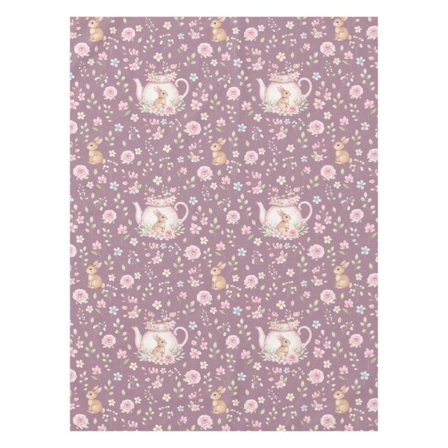 Whimsical Bunny Teapot Spring Floral Pattern Tischdecke (Vorderseite)