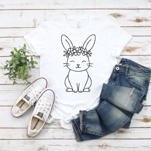 Whimsical Bunny with Floral Crown Line Art  T-Shirt (Von Creator hochgeladen)