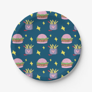 Whimsical Burger und Pommes Frites Fast Food Muste Pappteller