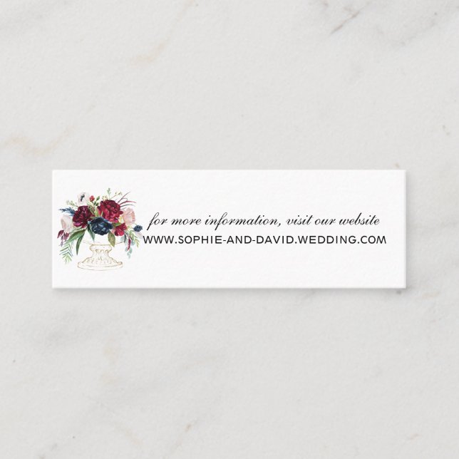 Whimsical Burgundy Blue Flowers Website Hochzeit Mini Visitenkarte (Vorderseite)