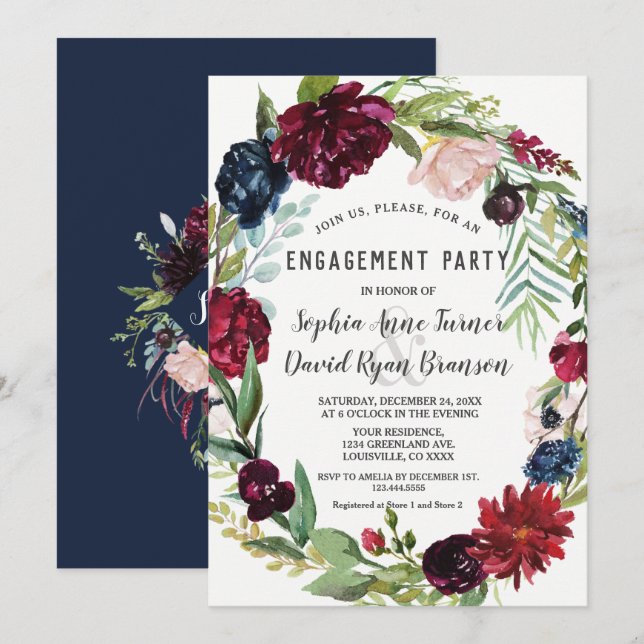 Whimsical Burgundy Blush Blume Navy Blue Wedding Einladung (Vorne/Hinten)