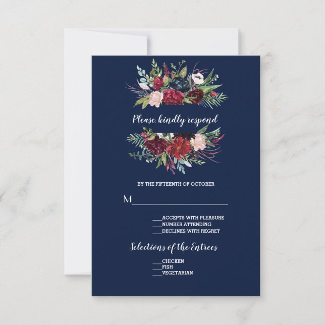Whimsical Burgundy Blush Blume Navy Blue Wedding RSVP Karte (Vorderseite)
