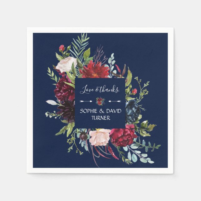 Whimsical Burgundy Blush Blume Navy Blue Wedding Serviette (Vorderseite)